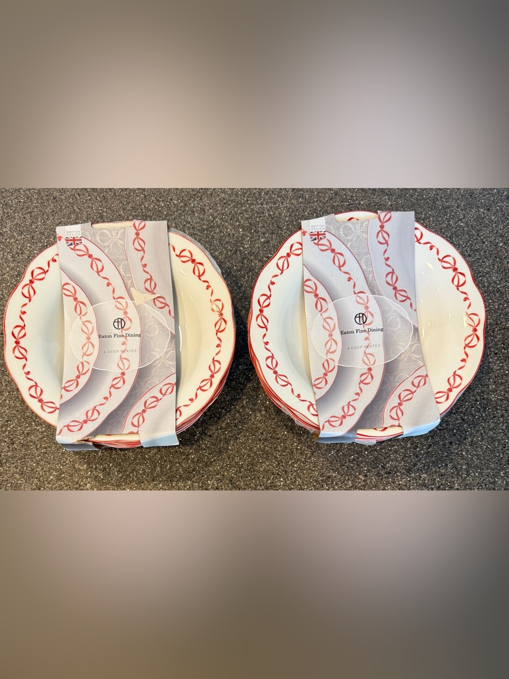 4 New Eaton Fine Dining White Deep Pasta Bowl Plates w/ Red Ribbon Border & Trim